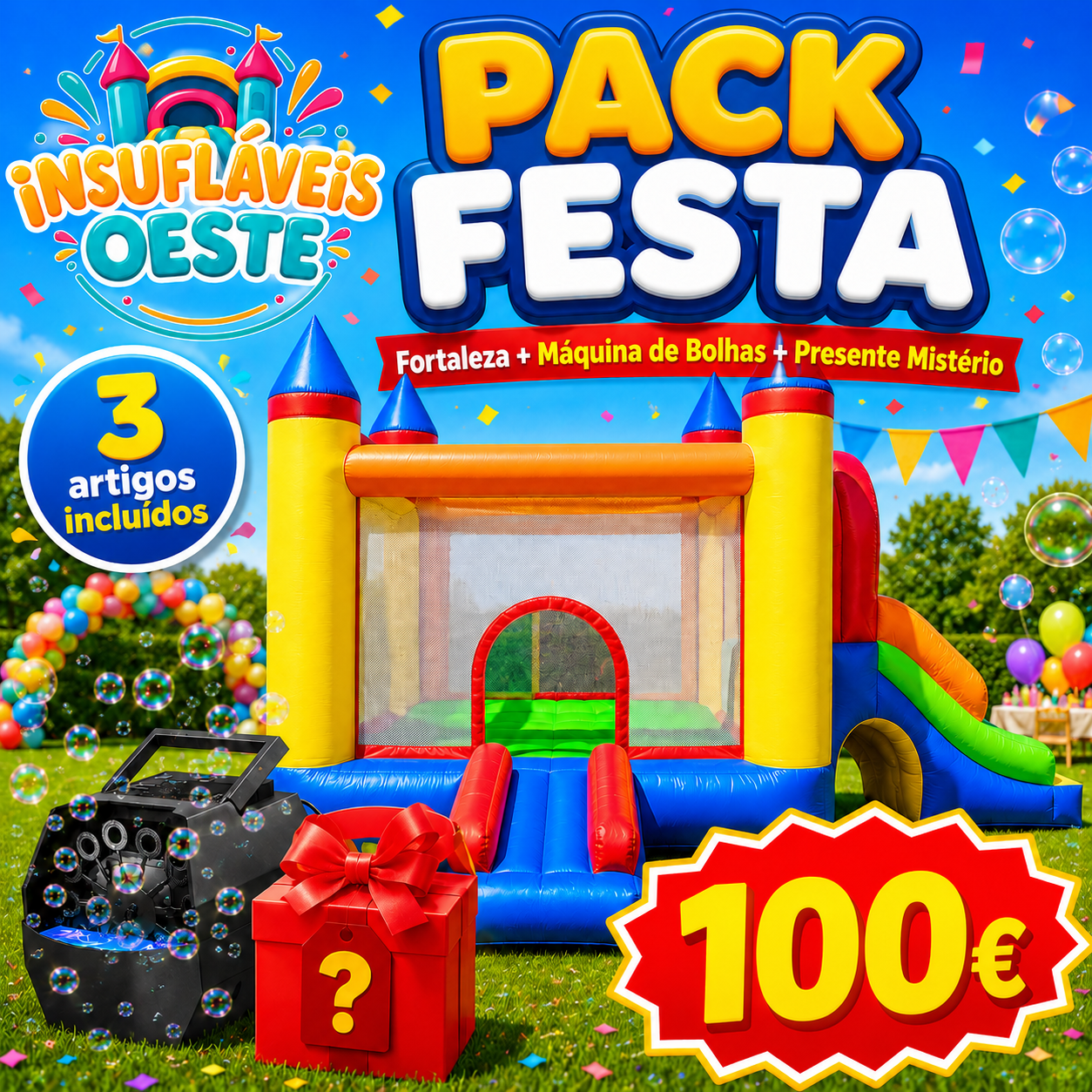 Pack Festa: Fortaleza + máquina de bolas de sabão + presente misterioso